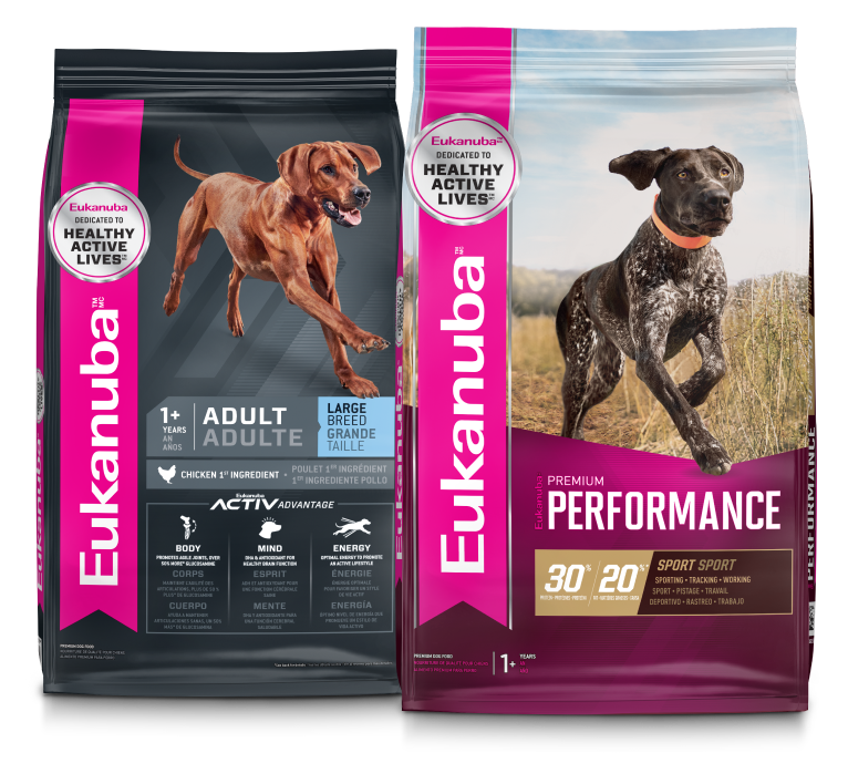 Tres paquetes de productos de Eukanuba: Adult Large Breed, Eukanuba Premium Performance 30 20 y Eukanuba Premium Performance 26 18.