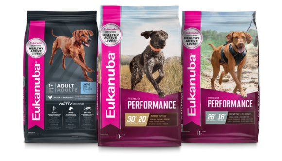 Three product packages for Eukanuba Adult Large Breed, Eukanuba Premium Performance 30 20, and Eukanuba Premium Performance 26 16.