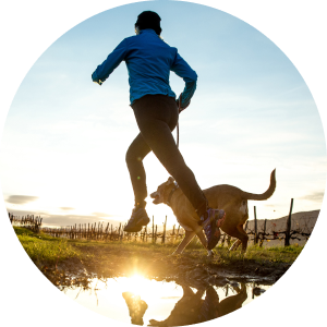 A woman and dog jogging in a field.